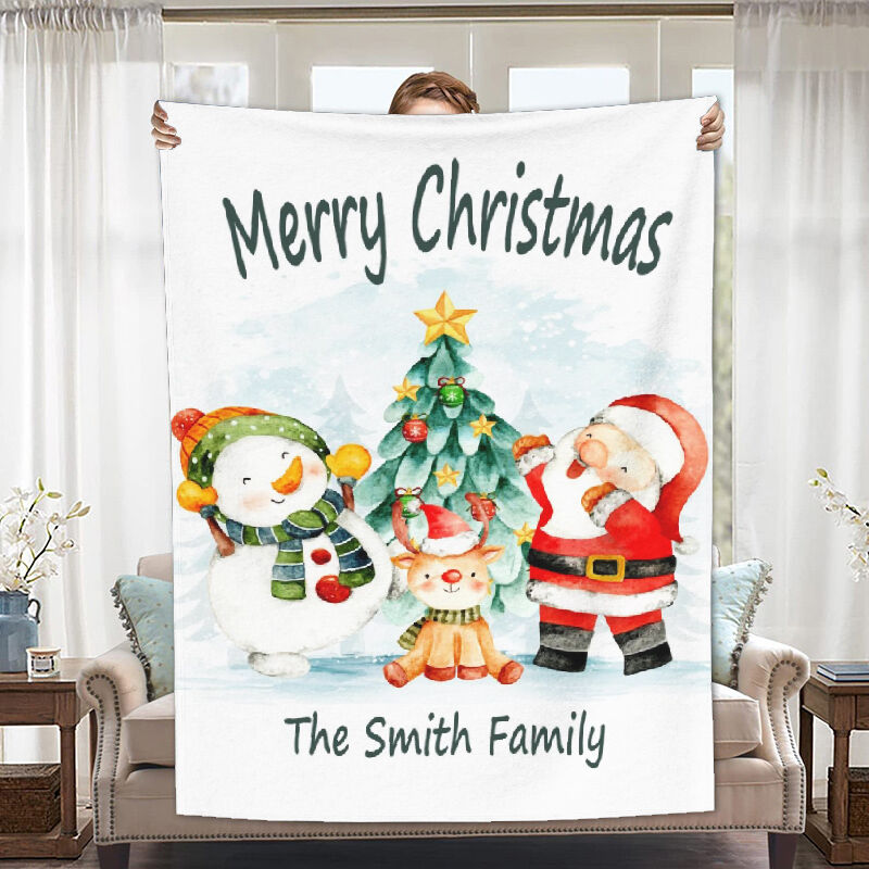 Personalized Name Blanket with Snowman And Santa Claus Pattern Creative Gift for Xmas