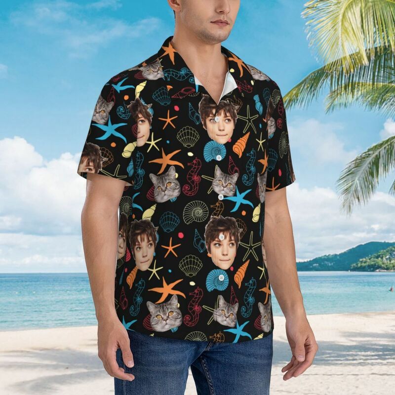 Camisa hawaiana personalizada con estampado de estrellas de mar Unisex Camisa de playa con foto personalizada