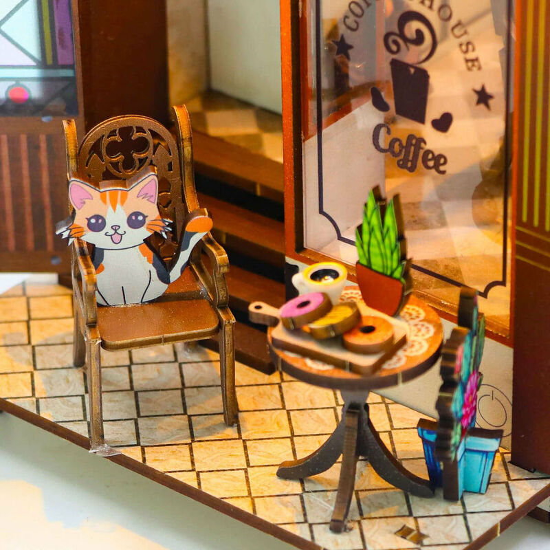 ブックヌック キット 喫茶店 立体パズル ミニチュア ドールハウス 組み立て 本棚装飾 LED付き イラスト説明書付き