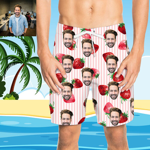 Pantaloni da Spiaggia Uomo Corti Personalizzati con Faccia e Fragola Rosa