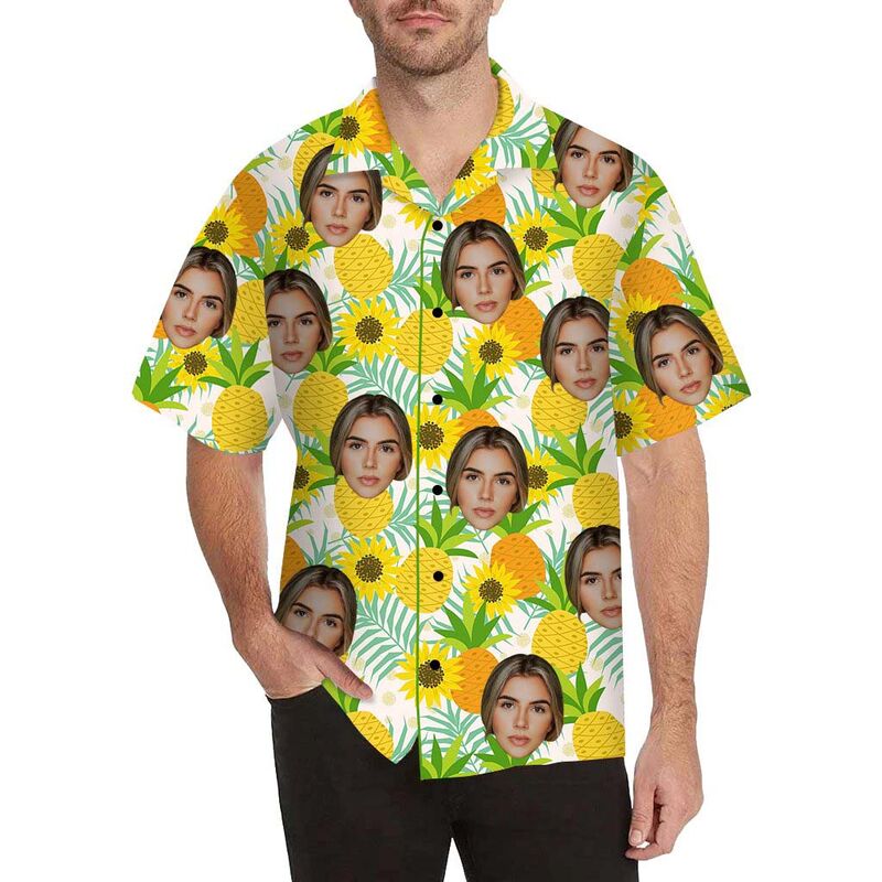 Chemise hawaïenne imprimée sur tout le corps pour hommes, avec visage personnalisé, tournesol et ananas