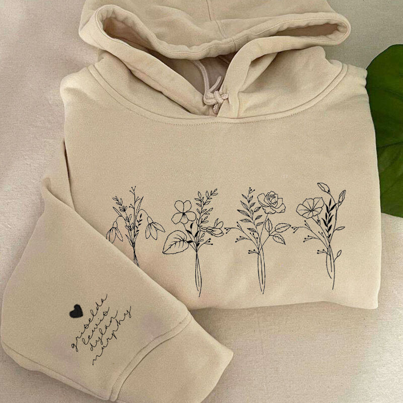 Personalized Hoodie Gorgeous Birth Flower with Custom Names On The Sleeve Unique Gift for Her