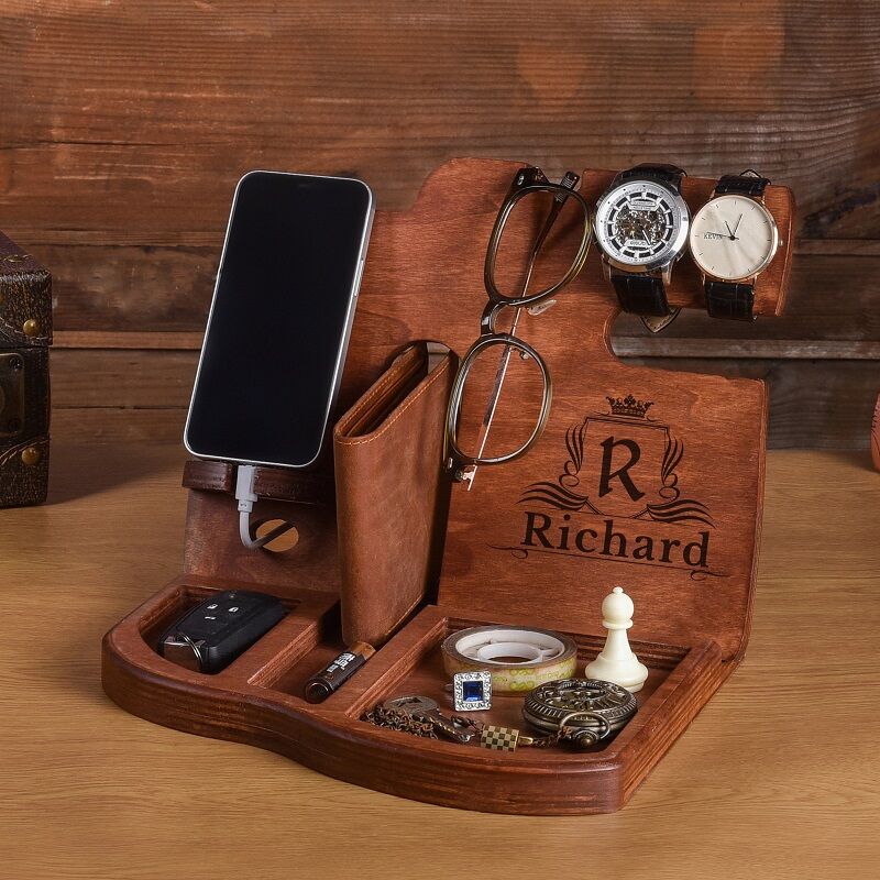 Personalized Desk Organizer Phone Docking Station Wooden Stand Custom Name Design Perfect Gift for Him