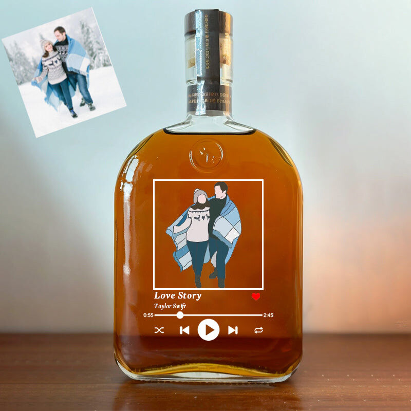 Botella de whisky con foto personalizada y canción personalizada. Regalo creativo para tu amor.