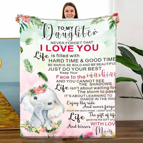 Personalized Love Letter Soft Blanket Mom Gift for Daughter Printed with Cute Baby Elephant