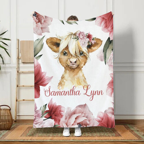 Personalized Name Blanket with Cute Cow Wearing Flower Pattern