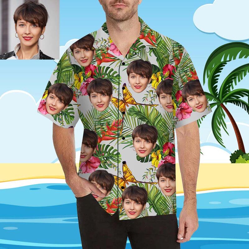 Custom Face Butterflies in Flowers Men's All Over Print Hawaiian Shirt