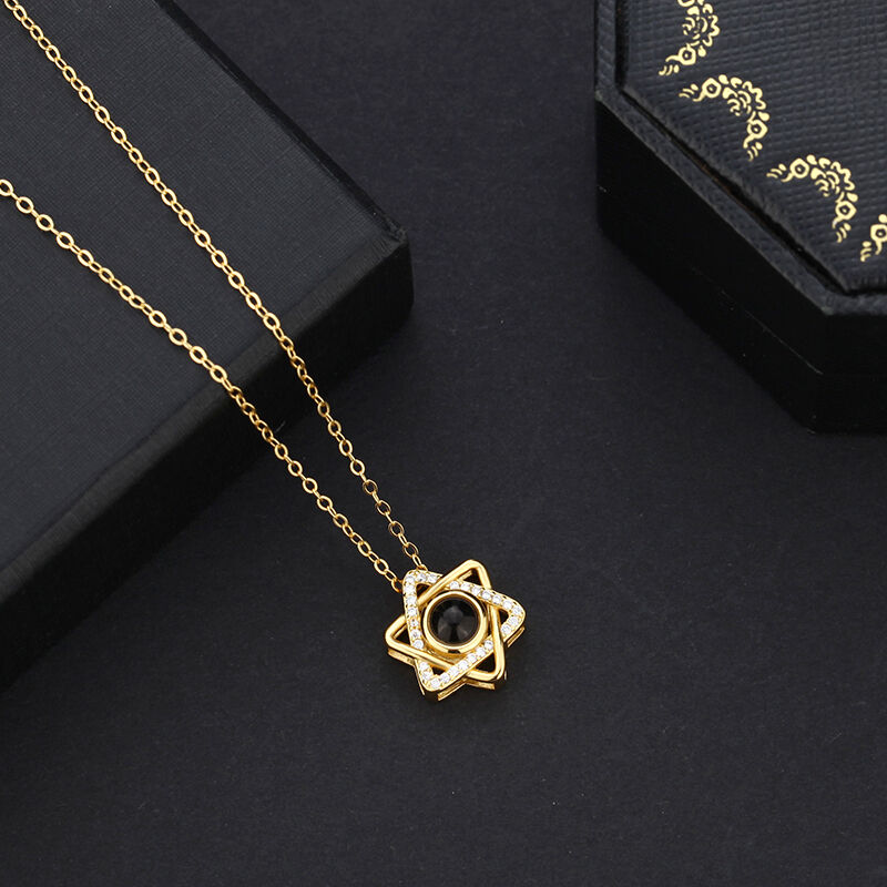 Personalized Hexagonal Star Photo Projection Necklace with Diamonds for Couple