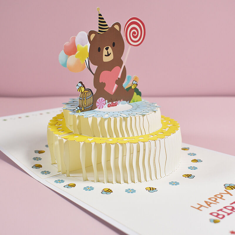 3D Love Bear Cake Pop Up Card with Happy Birthday Music for Loved One