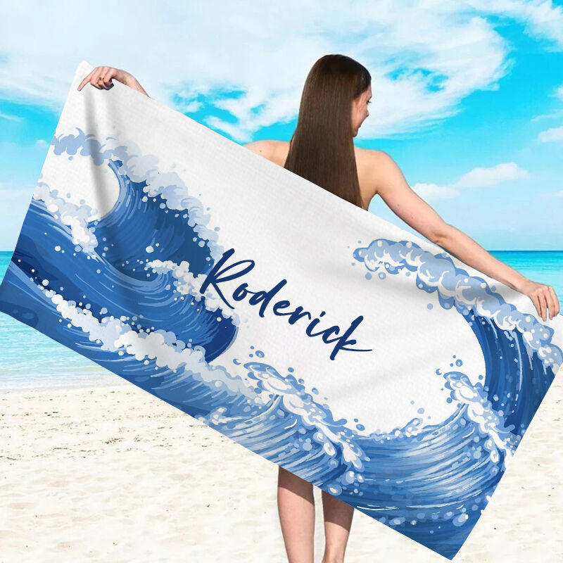 Personalized Name Bath Towel with Huge Wave Pattern Elegant Gift for Favourite Person