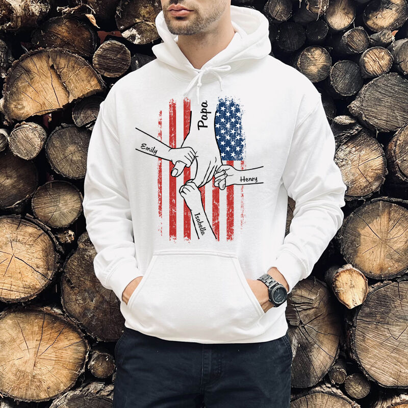 Personalized Hoodie Hold Your Hand with Stars and Stripes Pattern Custom Names Attractive Gift for Father's Day