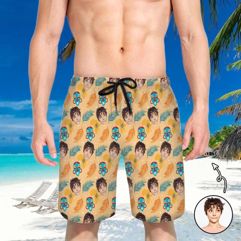 Personalized Picture Men's Beach Shorts with Strange Masks Pattern Cool Gift for Your Boyfriend