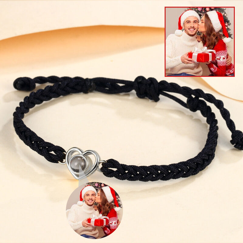 Personalized Heart Photo Projection Black String Bracelet Gift