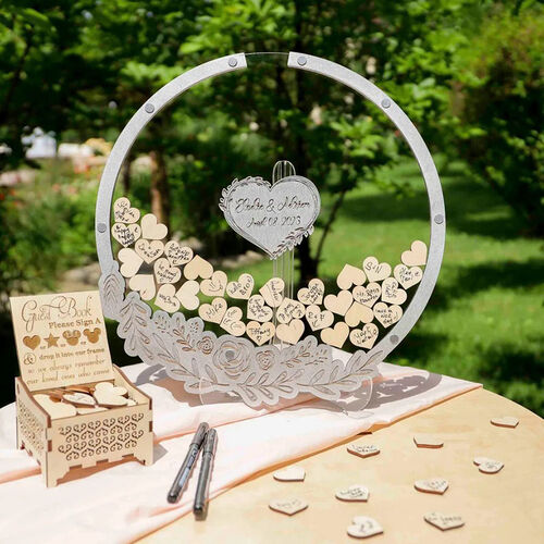 Personalized Round Floral Wood Acrylic Custom Name Guest Book with Inserts Box