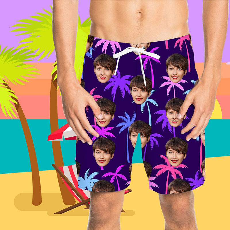 Custom Face Colorful Coconut Trees Men's Beach Shorts