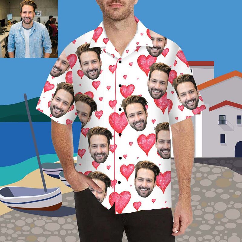 Custom Face Red Heart Men's All Over Print Hawaiian Shirt