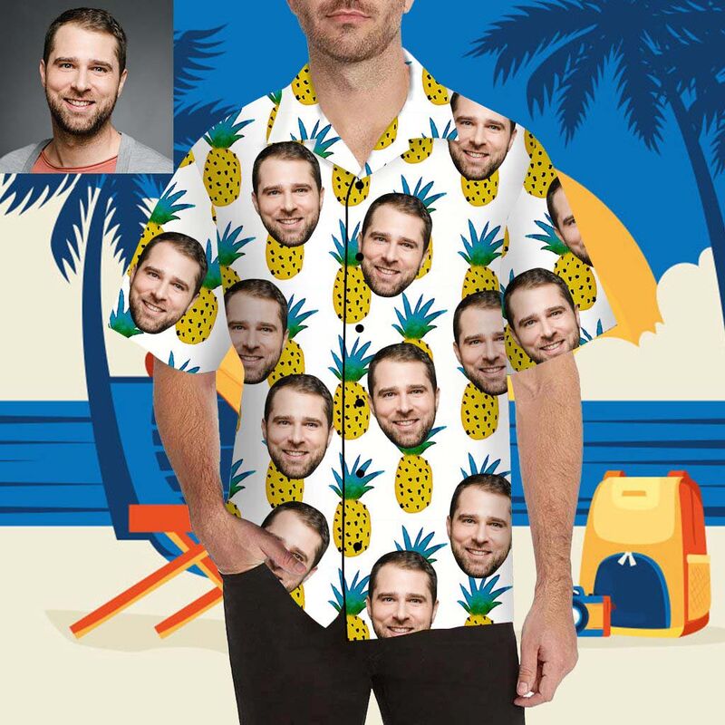 Chemise hawaïenne à impression intégrale pour hommes avec visage personnalisé et ananas jaune
