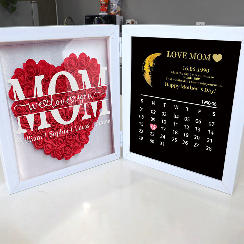 Personalized Flower Shadow Box We Love You with Moon Phase Calendar Pretty Warm Mother's Day Gift