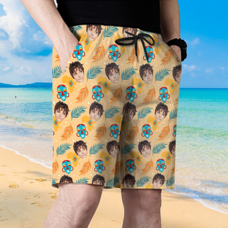 Personalized Picture Men's Beach Shorts with Strange Masks Pattern Cool Gift for Your Boyfriend