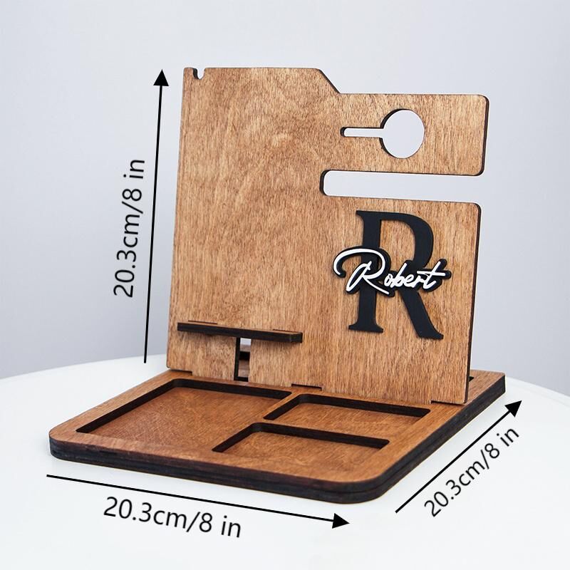 Persoonlijke bureau-organisator Docking-station Telefoon-lader-houten stand Aangepast naam-design cadeau voor hem