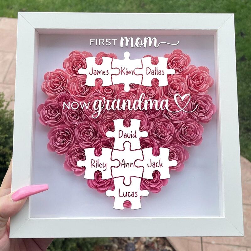 Personalized Flower Shadow Box First Mom Now Grandma Custom Name Puzzle Unique Mother's Day Gift