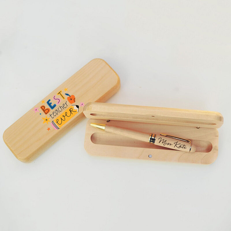 Personalized Pen Wooden Box Best Teacher Ever Apple Pencil Funny Design Gift for Teachers