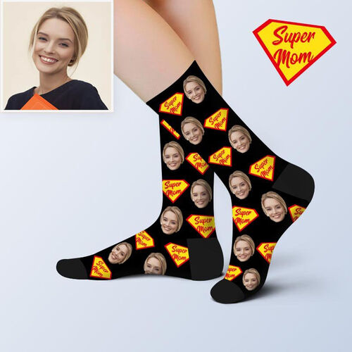 Calcetines personalizados con foto de la cara con logotipo del superhéroe para madre