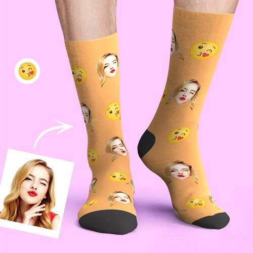 Custom Face Picture Socks with Kiss Emoji Funny Gift