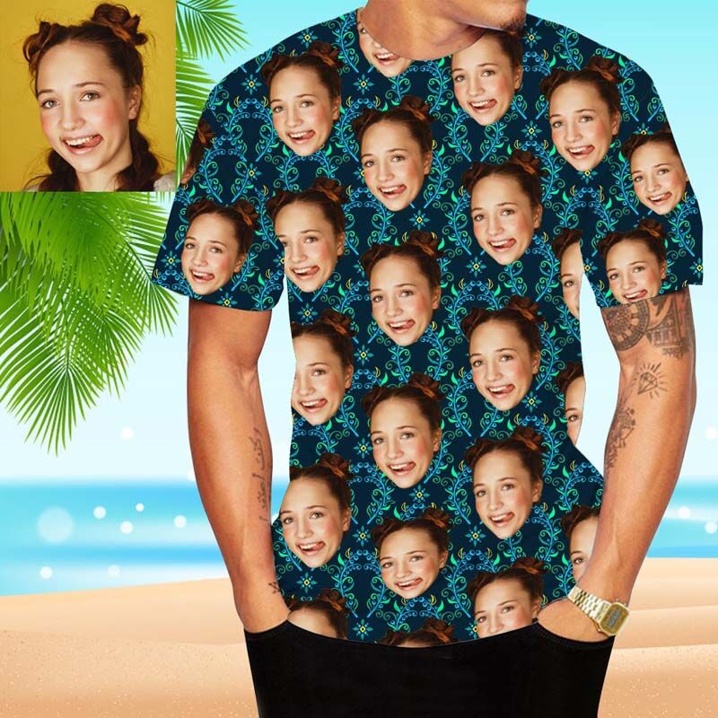 T-Shirt Hawaïen Visage Personnalisé Avec Petit Fleurs Vertes