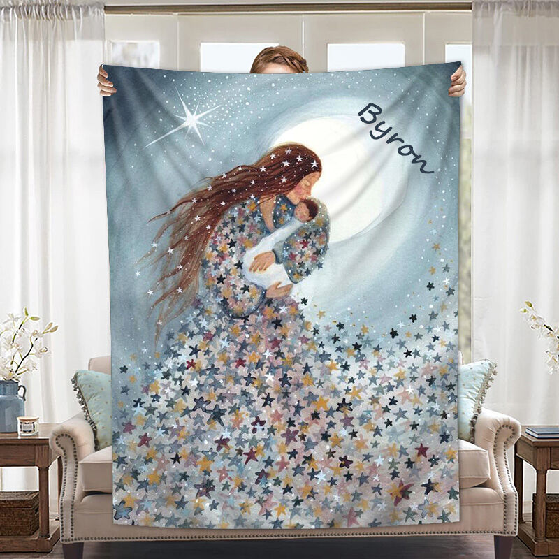 Personalized Name Blanket with Fantasy Cartoon Mother Pattern Warm Gift for Mom