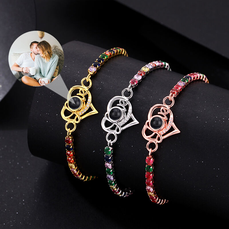 Personalized Heart Shape Projection Bracelet With Colored Diamonds Exquisite Birthday Gift