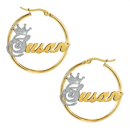 Crown Personalized Two Tone Hoop Name Earrings