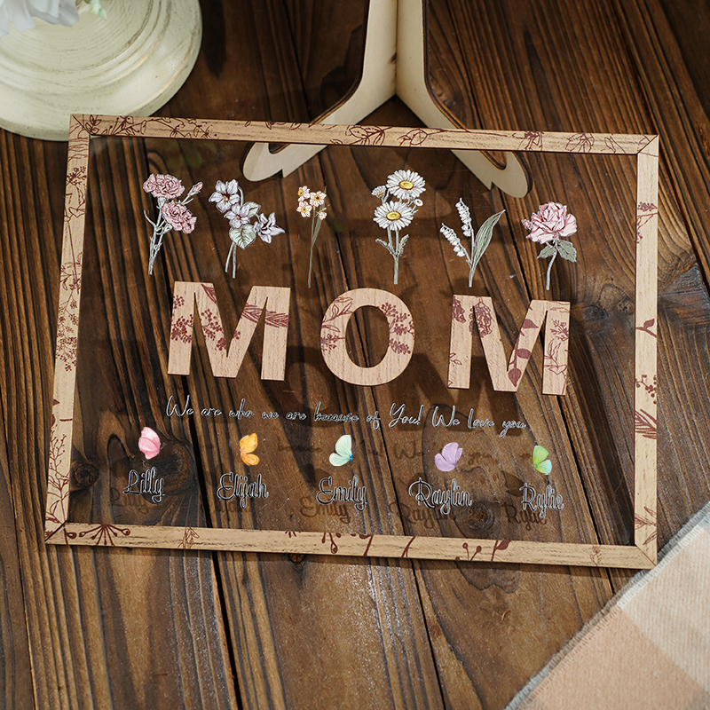 Personalized Name Wooden Acrylic Frame with Butterflies Pattern Beautiful Gift for Mom