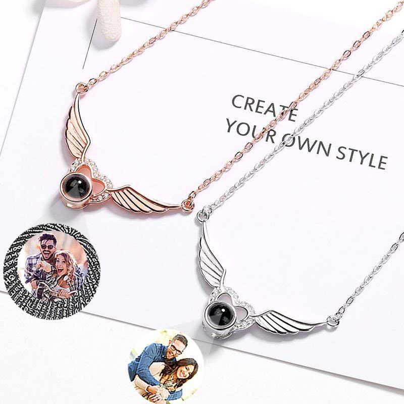 Sterling Silver Personalized Photo Projection Necklace-Heart With Wings