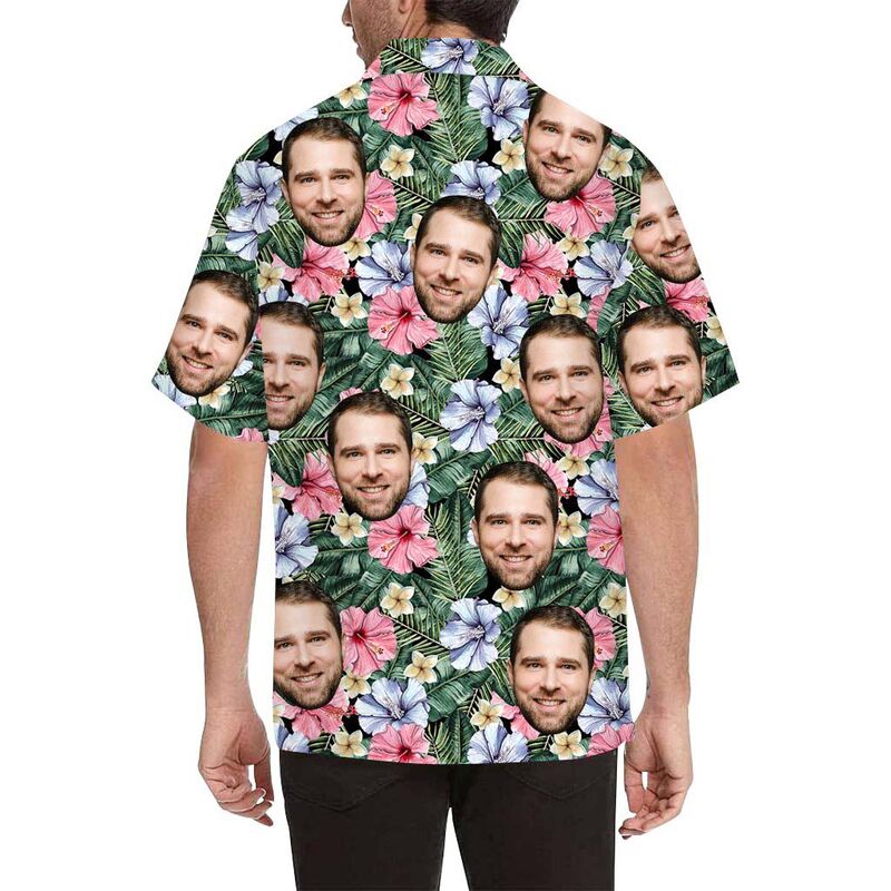 Chemise hawaïenne à impression intégrale pour hommes avec visage personnalisé et fleurs colorées