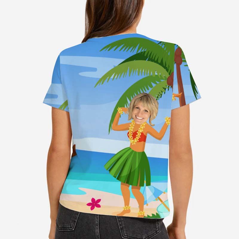 T-shirt "Danse hula au bord de la mer" hawaïen pour femme avec visage personnalisé