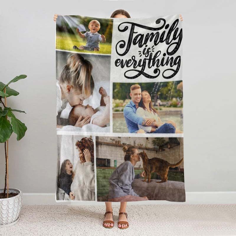 "Family Is Everything"Personalized Family 5 Photos Blanket for Family