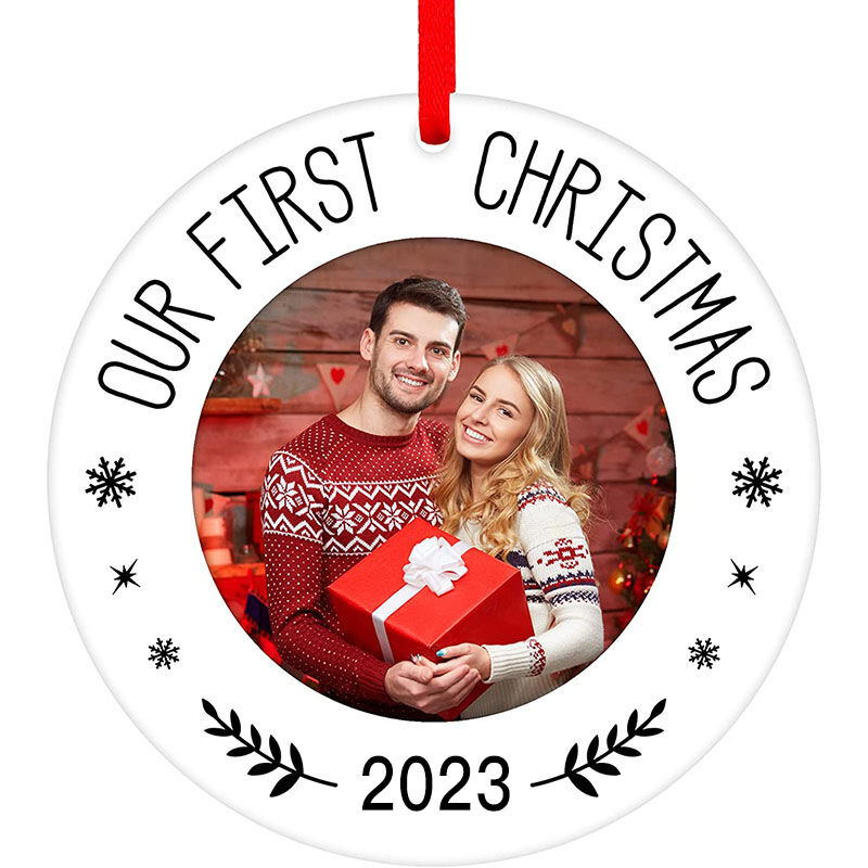 "Our First Christmas"Custom Photo Round Christmas Ornament