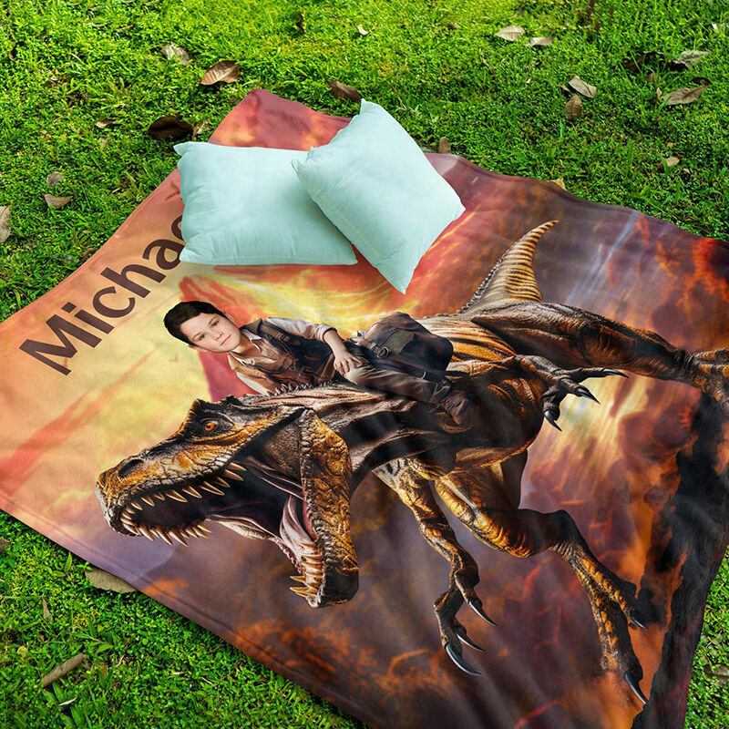 Personalized Picture Blanket with Custom Name And Dinosaur Pattern Cool Gift for Kids