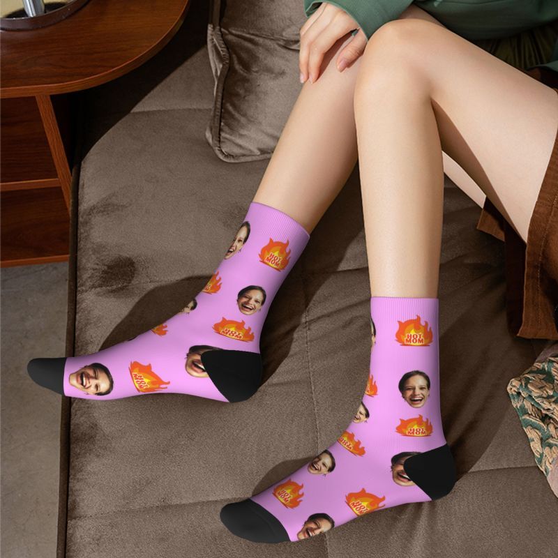 Personalized Face Socks Printed with "Hot Mom" Text