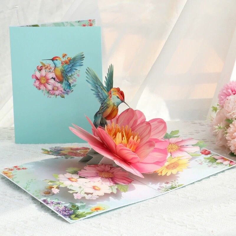 3D Pop Up Card Hummingbird Blooming Flowers Design Perfect Mother's Day Gift