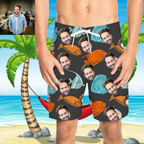 Custom Face Blue and Orange Fish Men's Beach Shorts