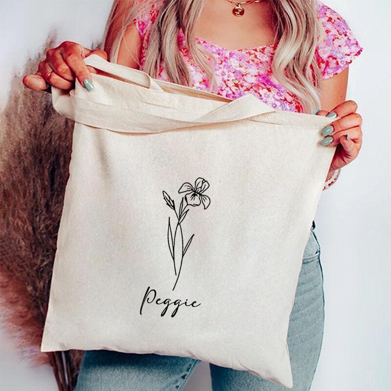 Personalized Sketch Birth Flower Canvas Bag Reusable Shopping Bag