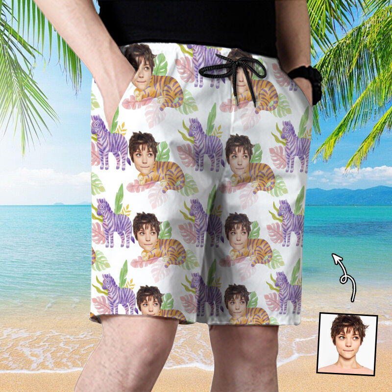 Personalized Picture Men's Beach Shorts with Zebra Pattern Unique Gift for Friend