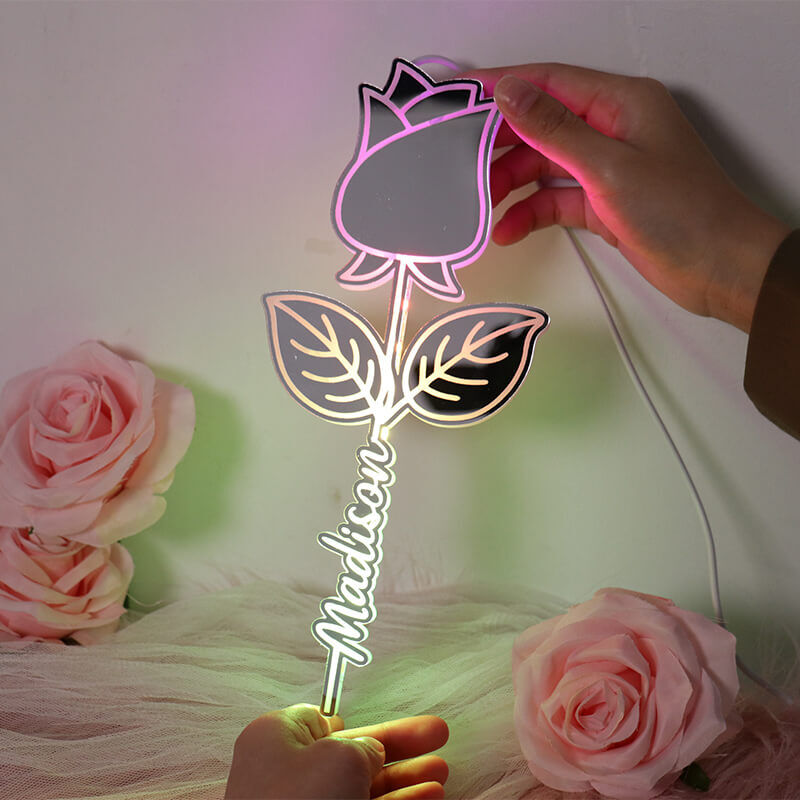 Personalized Flower Mirror Lamp Custom Name Romantic Gift For Girls