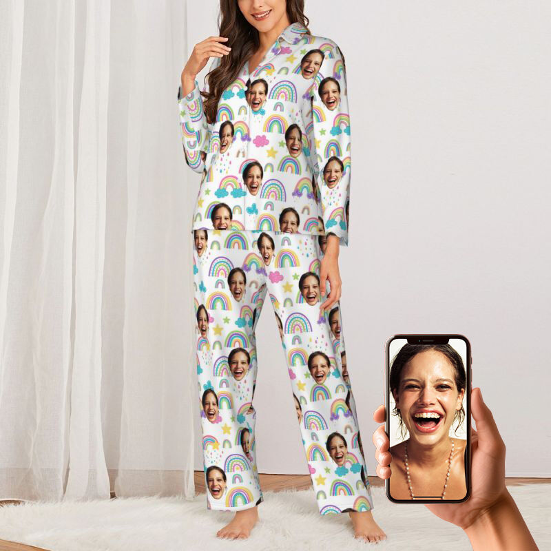 Personalized Pajamas Custom Photo Cute Clouds Rainbow Rain Pattern Design Vibrant Gift for Her