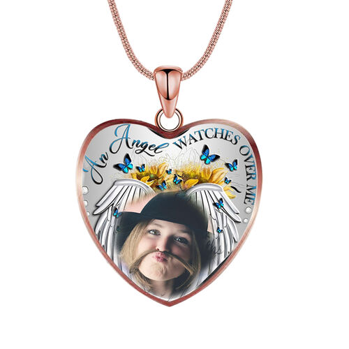 Collar conmemorativo de amigos con foto de círculo personalizada y mariposas azules en forma de corazón