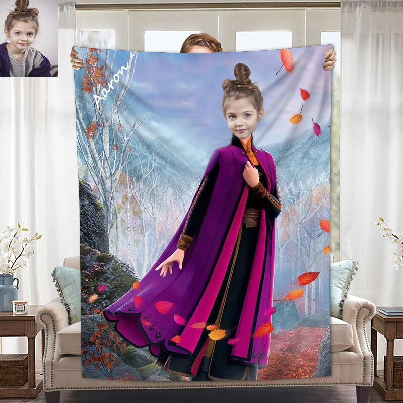 Personalized Photo Blanket With Girl Wearing Cape And Leaf Pattern Christmas Gift For Kids