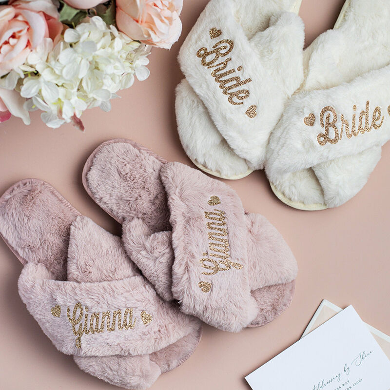 Personalized Fluffy Slippers Custom Text Bride Wedding Gift