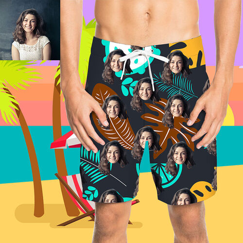 Pantaloni da Mare Uomo Corti Personalizzati con Faccia e Foglie Marrone